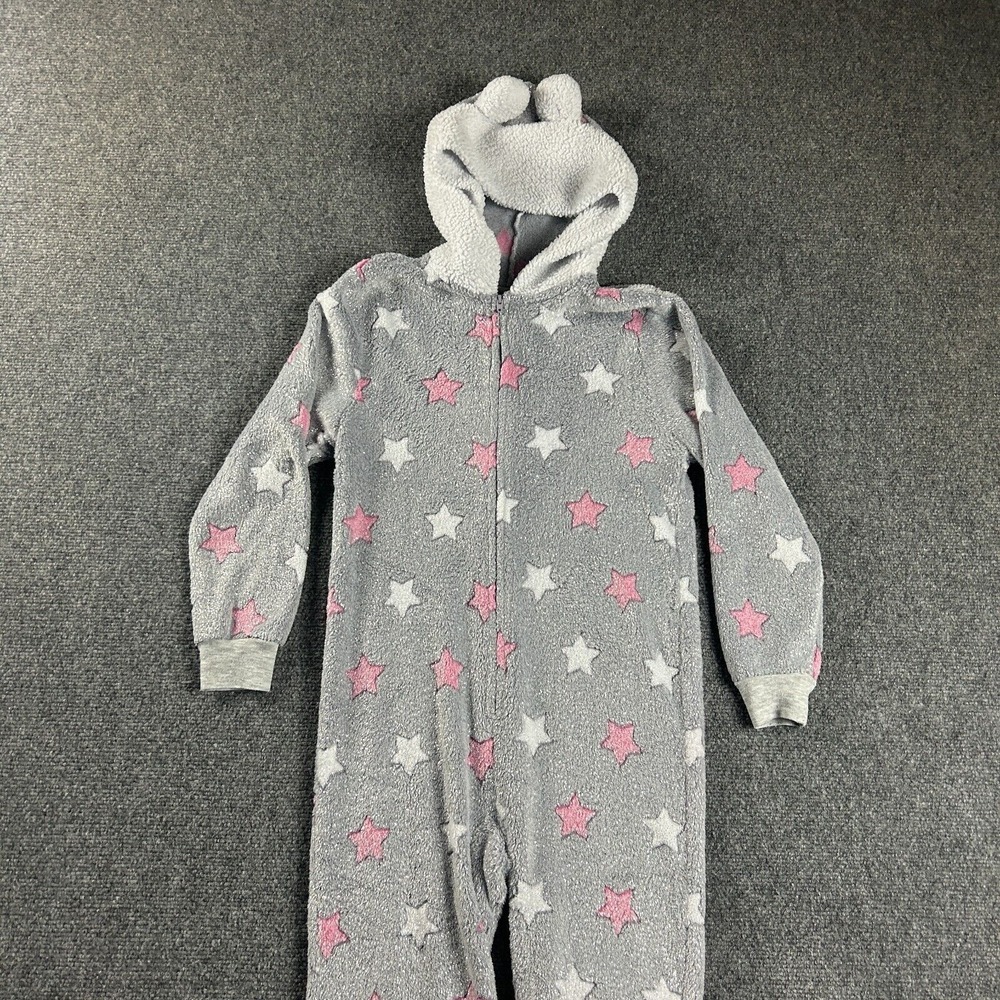 Saint Eve Pajama Girls Small 7/8 One Piece Zip Stars Gray Sherpa Hooded Kids‎